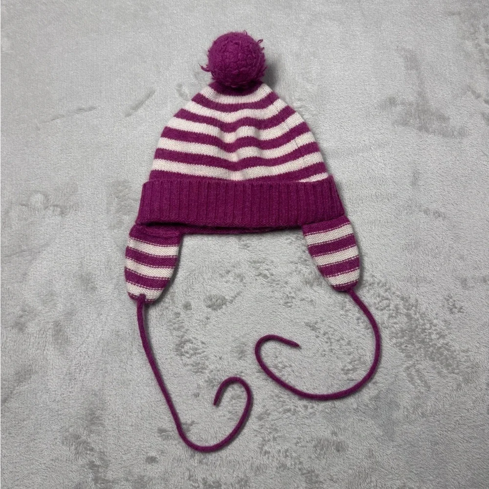 Baby CZ by Carolina Zapf 100% Cashmere Knit Pom Striped Ear Muff Beanie 18-24 M